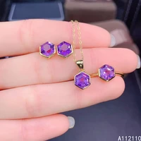 fine jewelry 925 pure silver inset with natural gem womens luxury popular hexagon amethyst pendant ring earring set support det