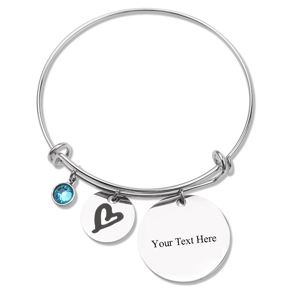 

Classic Personalized Birthstone Bangle Bracelets Stainless Steel Laser Engraved Name Charming Bracelet For Women Friendship Gift