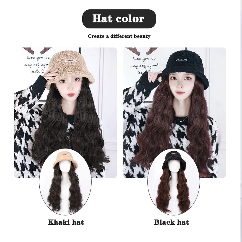 High Temperature Fiber Synthetic Knitted Fisherman Bucket Hat Long  Curly Wig  Natural Fake Hair for Women Sun Hat
