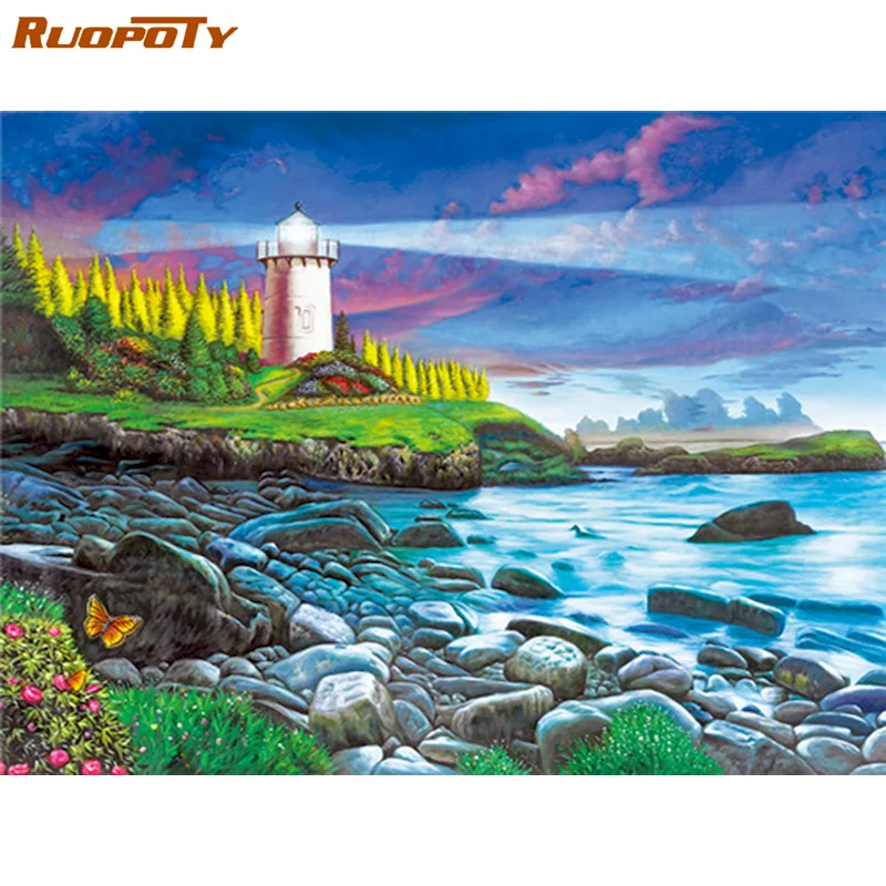 

RUOPOTY Diamond Painting Lighthouse Full Square Diamond Embroidery Seaside Cross Stitch Rhinestones Art Bead Picture Kits Gift