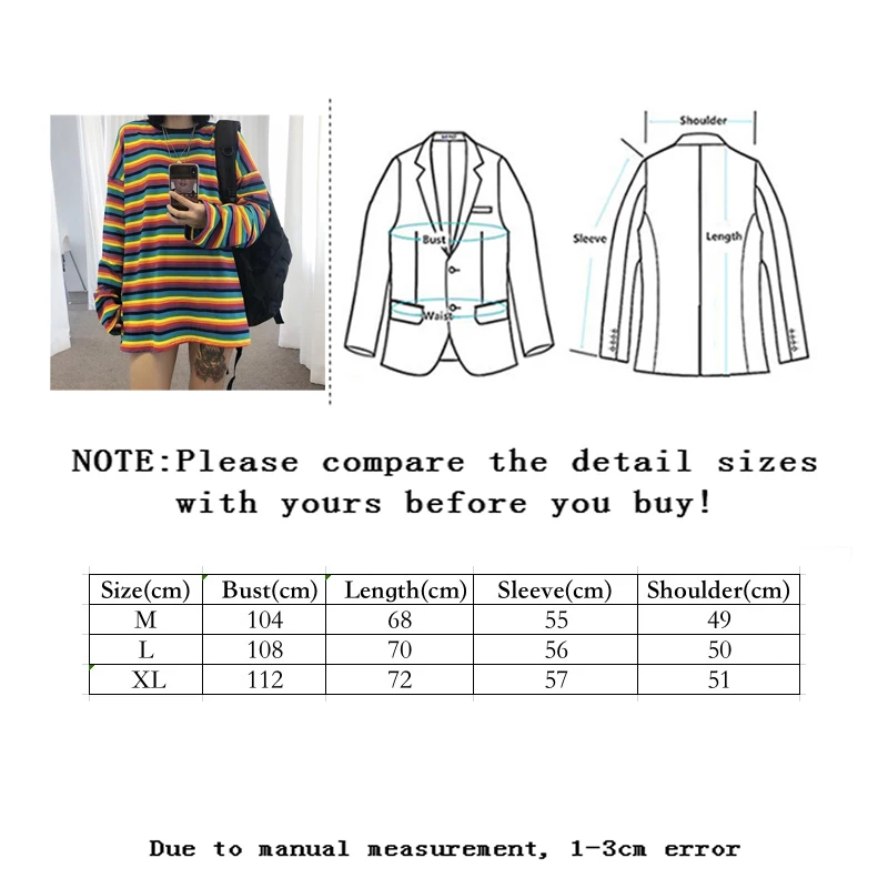 

Sllsky Rainbow Stripe T-Shirt Women Spring Autumn Long Sleeve Oversize Tee Shirt Harajuku Female Korean Loose Fashion Base Tops