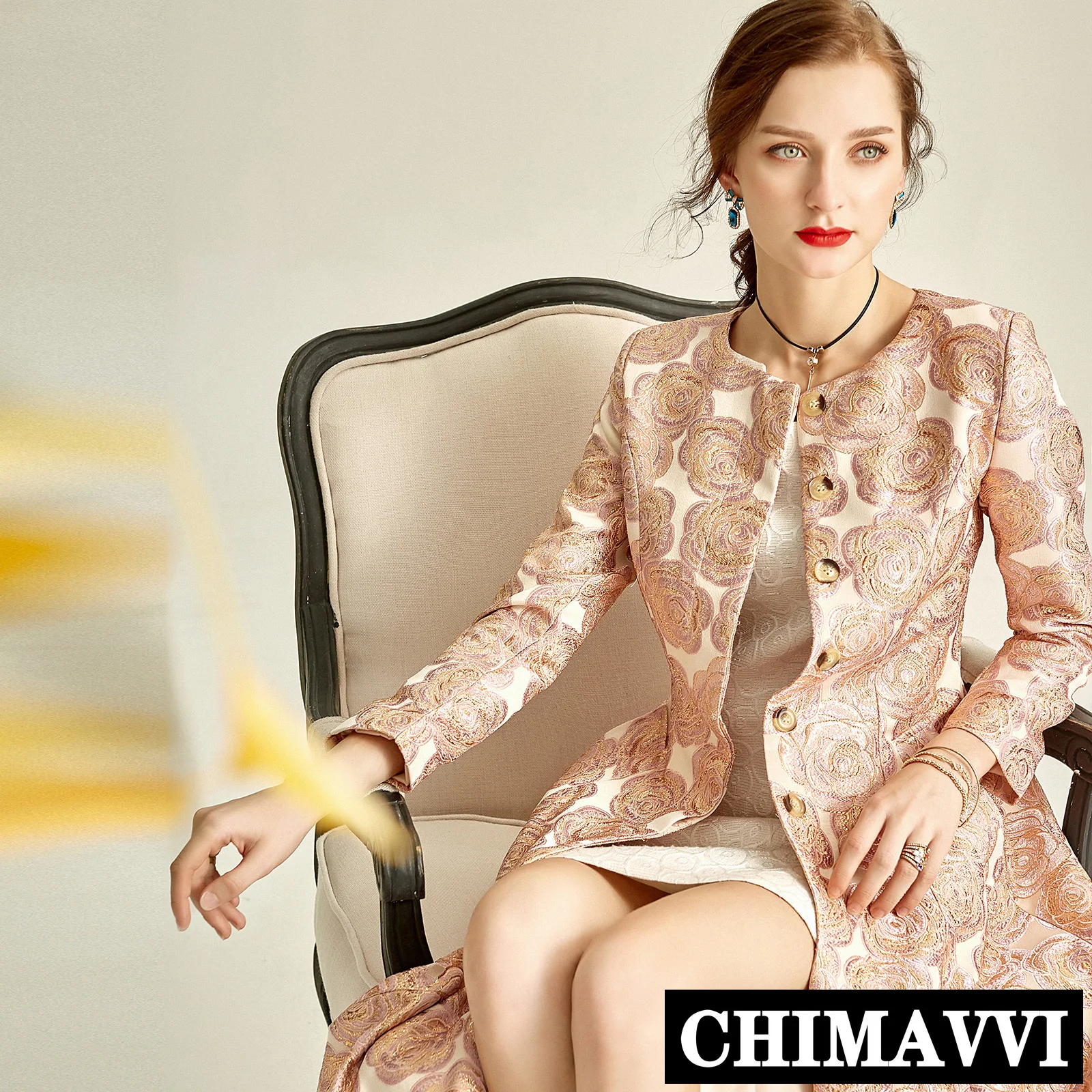 

Luxury 2020 Spring Autumn Women's Pink Jacquard Embroidery Long Trench Coat Elegant Covered Button Slim Ultra Long Windbreaker