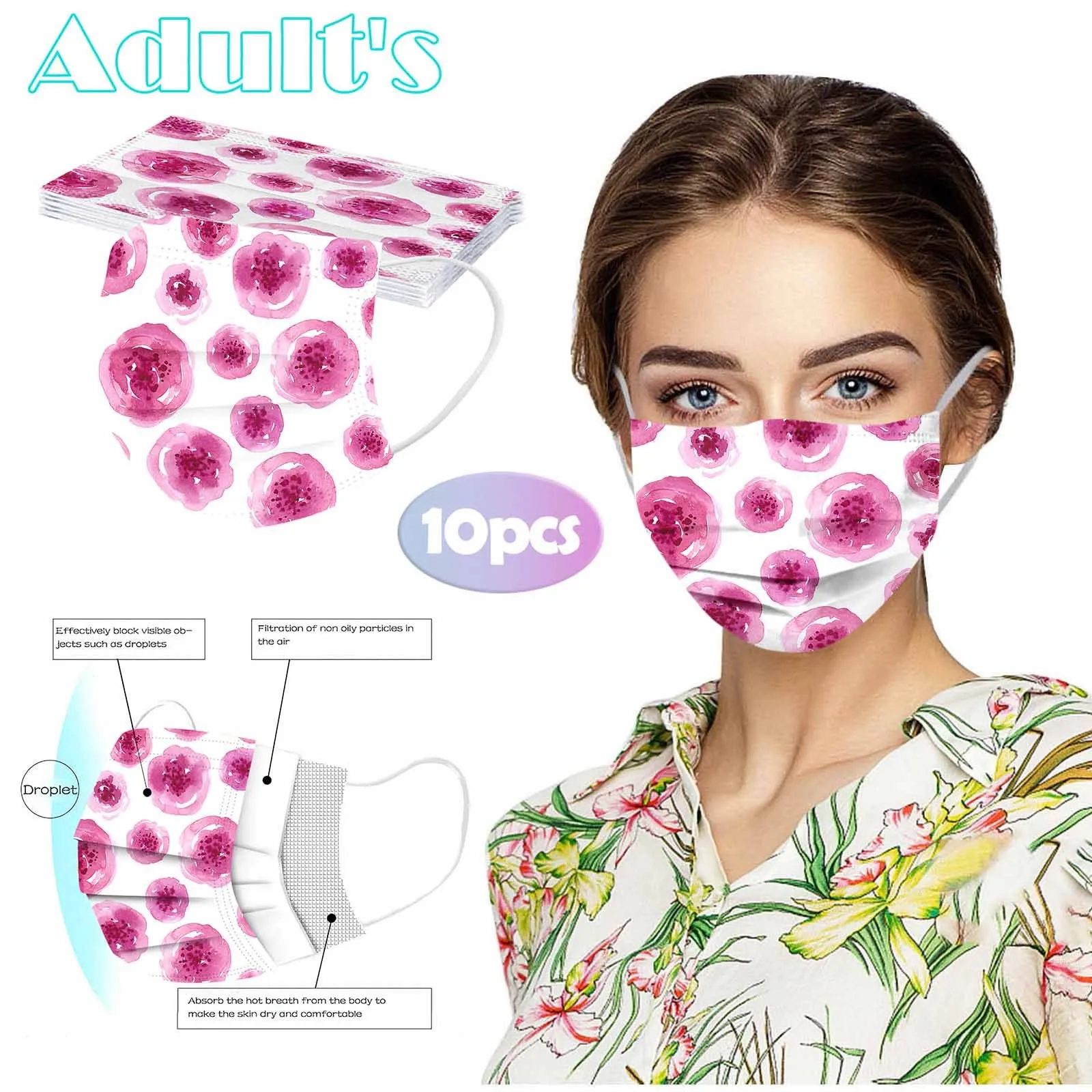 

10pcs Disposable Non-woven Face Mask Floral Print Adult Breathing 3Ply Ear Loop Design Mask Mouth Mascarilla