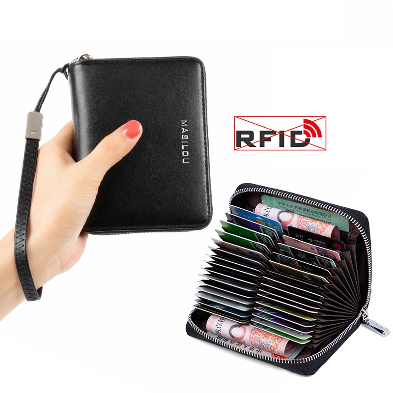 

RFID Blocking Fashion Plaid Embroidered Genuine Leather Coin Bag Zipper Around Large Capacity Multiple Card Slot Wristlet Wallet