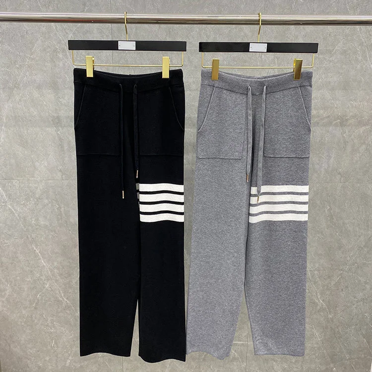 2022 Fashion New Ankle-Length Pants Women Casual Striped Wide Leg Pants Loose High Waist Autumn Winter Knitted Pants
