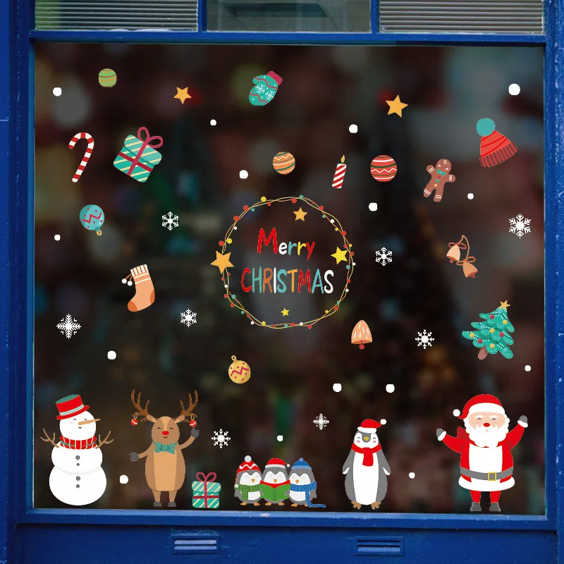 

Christmas Tree Wall Sticker Shop Display Glass Sticker Window Door Decoration Santa Claus Window Flower Sticker
