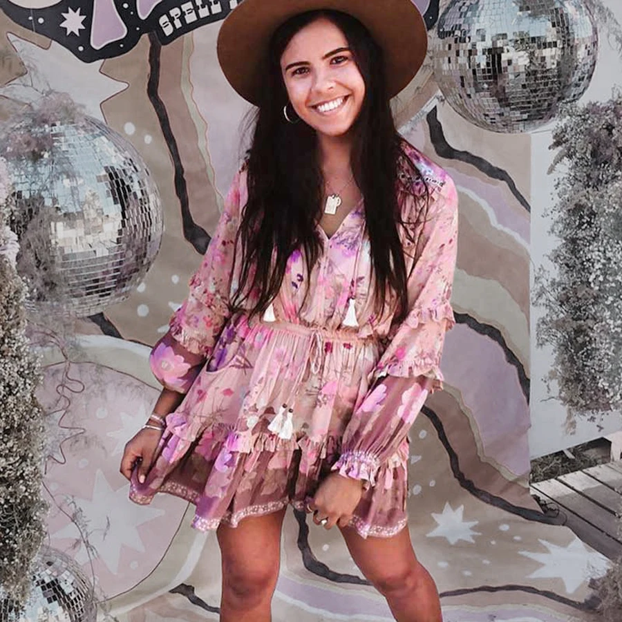 Женское мини платье из искусственного шелка с длинным рукавом и воланом|Женские