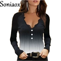 new 2021 autumn women t shirt vintage long sleeve buttons t shirts casual v neck lace patchwork ladies sexy slim gradient tops