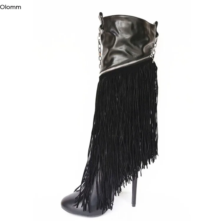 Женские высокие сапоги с бахромой Olomm черные до колена на шпильке круглым носком