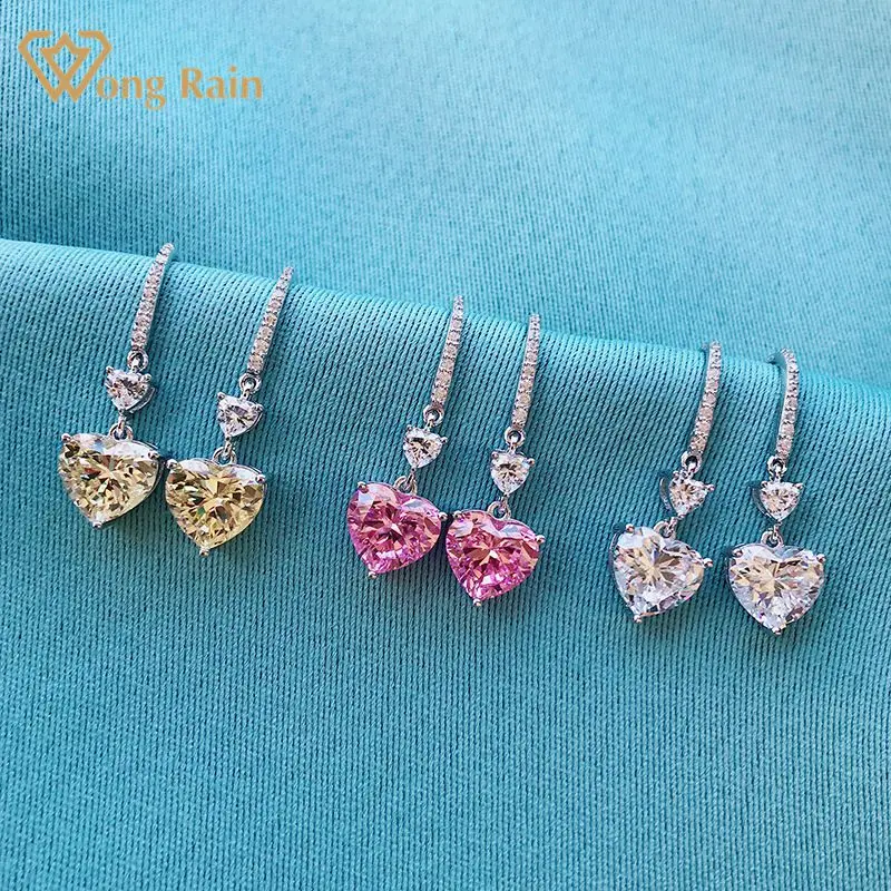 

Wong Rain 925 Sterling Silver Created Moissanite Citrine Pink Sapphire Gemstone Engagement Heart Dangle Earrings Fine Jewelry