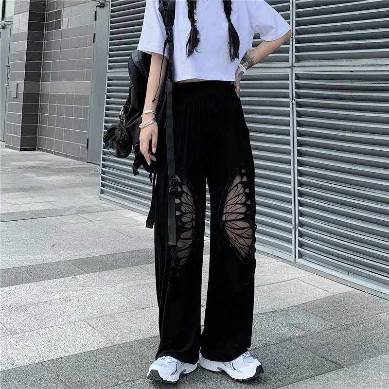 

Casual Women's Pants Streetwear Korean Fashion Elastic High Waist Vintage Baggy Hollow Out Wide Leg 2021 Summer Straight Trouser