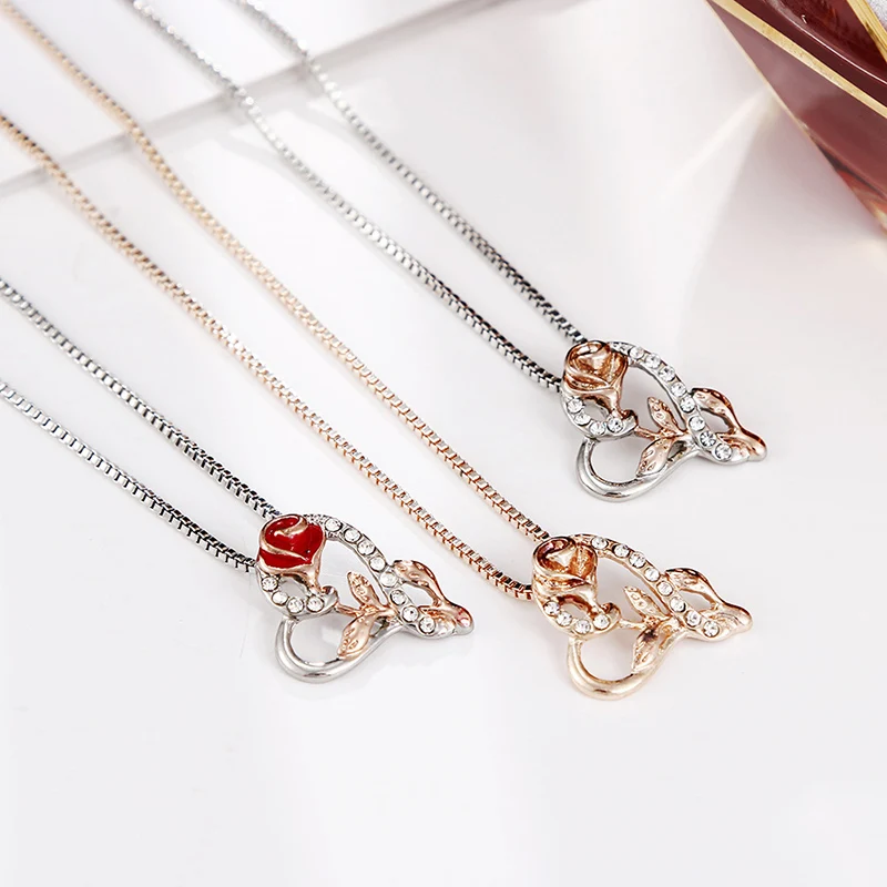 Модное ожерелье с подвеской в виде розового цветка и сердца стразы кристаллами