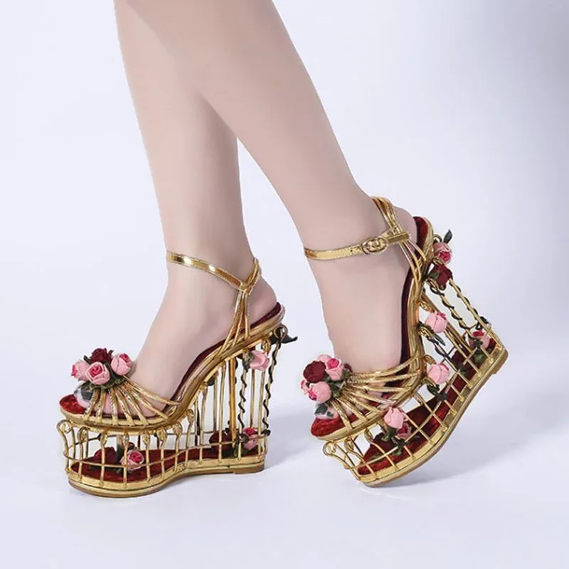 High Quality Wedding Sandals 2021 New Genuine Leather Flower Metal Hollow Heel Platform Velvet Women's Shoes Gold Big Size 40 41