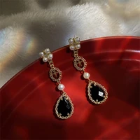 women earrings vintage earrings drop shaped ear studs inlaid zircon crystal pearls temperament black exquisite gifts girlfriend