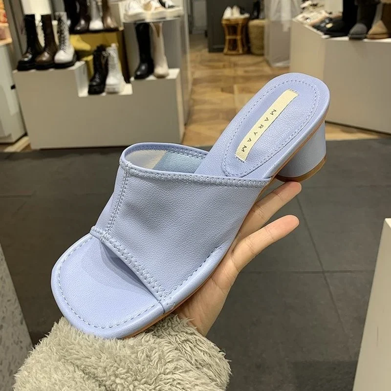 

Summer New Women's Designer Square Head Muller High Heels Slippers Sandals Solid Color High Heels Slippers Party Sandals Shoes