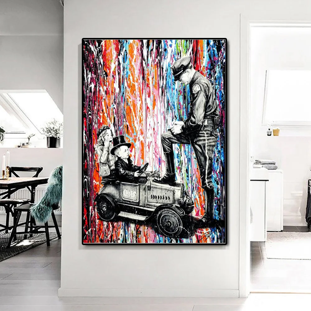 

Baby Boy Drives Car Was Pulled Over by the Police Canvas Paintings Poster and Print Wall Art Picture for Room Home Cuadros Decor