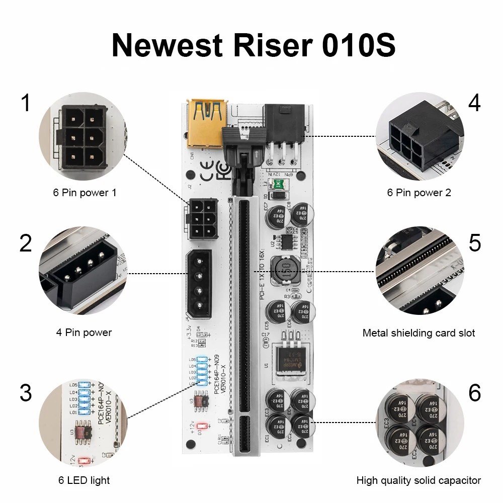6 шт. райзер для видеокарты новейший 010X USB 3.0 PCI-E Райзер VER 010 Экспресс 1X 4x 8x 16x