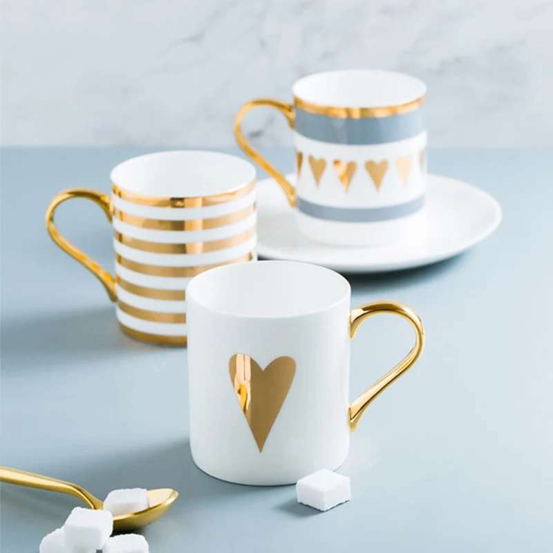 

Wourmth Nordic Style Coffee Mugs With Spoon Gold Series High Capacity Porcelain Tea Milk Cups and Mugs Creative Wedding Gift