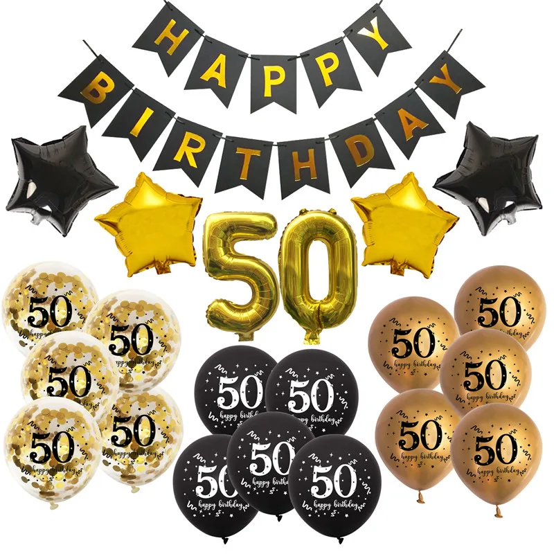 Шары воздушные черные золотые 30/40/50/60 лет баннер на день рождения для взрослых