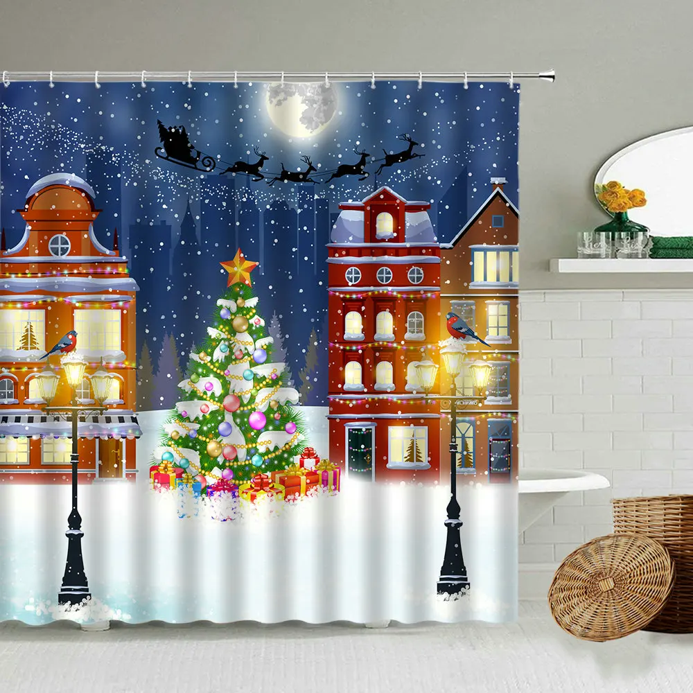 Занавеска для душа с изображением рождественской елки и снежной сцены | Дом сад