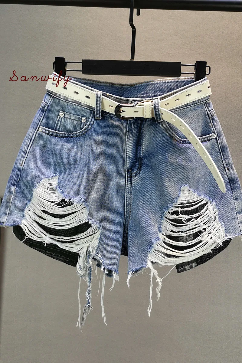 

Denim Shorts Women's 2020 Summer New Loose-fit High-waisted Slim Holes Wide-leg Shorts Student Pants