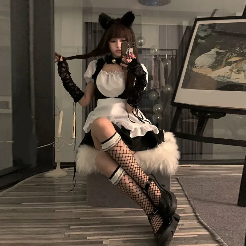 

Maid Sexy Dress Women White Strap Bow Ruffles Lace Gothic Costume Clothes Girls Kawaii Party Summer Sdudents Clothing Female