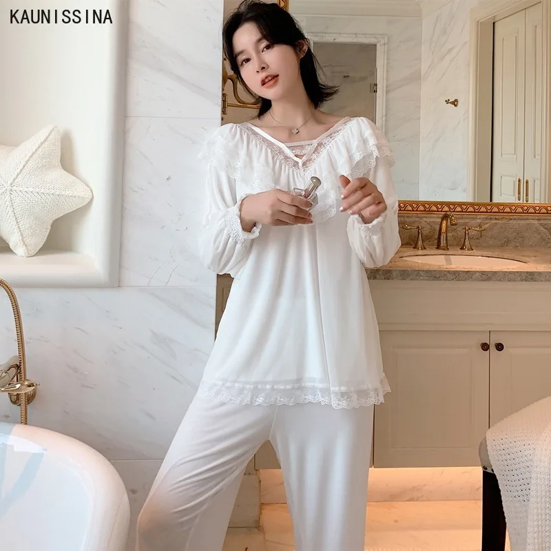 

Women's Pajamas Sets Spring Autumn V-neck Long Sleeve Princess Lace Nightwear Soft White Sleepwear Female Homewear Suit