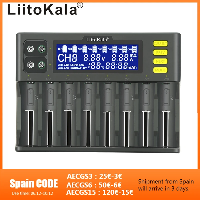 

Новинка, зарядное устройство LiitoKala, ЖК-дисплей, 8 слотов для Li-Ion LiFePO4 ni-MH ni-cd 9V 21700 20700 26650 RCR123 18650