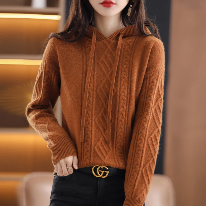 Autumn And Winter New Women's 100% Pure Wool Twist Hooded Sweater Thick Loose Pullover Fashion Knitted Hoodie Base Simple Top