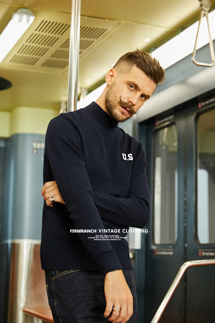 

New Men/Women Couple Fall Winter American Vintage Navy Half-turtleneck Woollen Sweater U.S.N Thick Casual Pullover