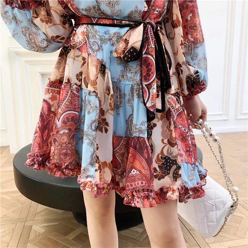 

Vintage Boho Chiffon Dress Women Slash Neck Cold Shoulder Sexy Mini Dress Lace Up Bohemian Ruffles Spring Autumn A-Line B461