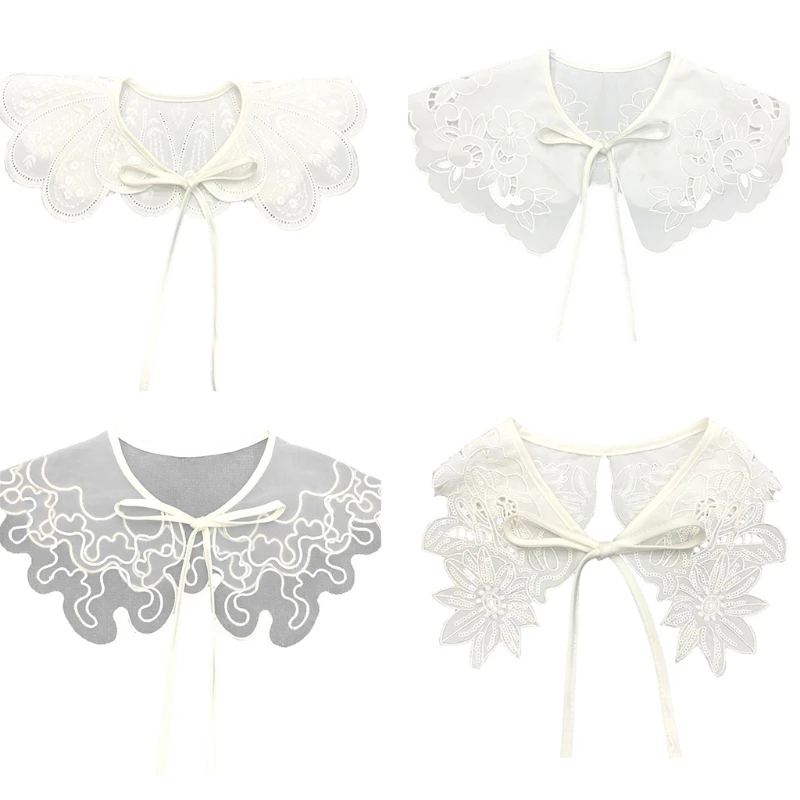 

Women Autumn Decorative Fake Collar Shawl Lace-Up Bowknot Sweater Half Shirt Necklace Hollow Out Floral Lace Dickey Mini