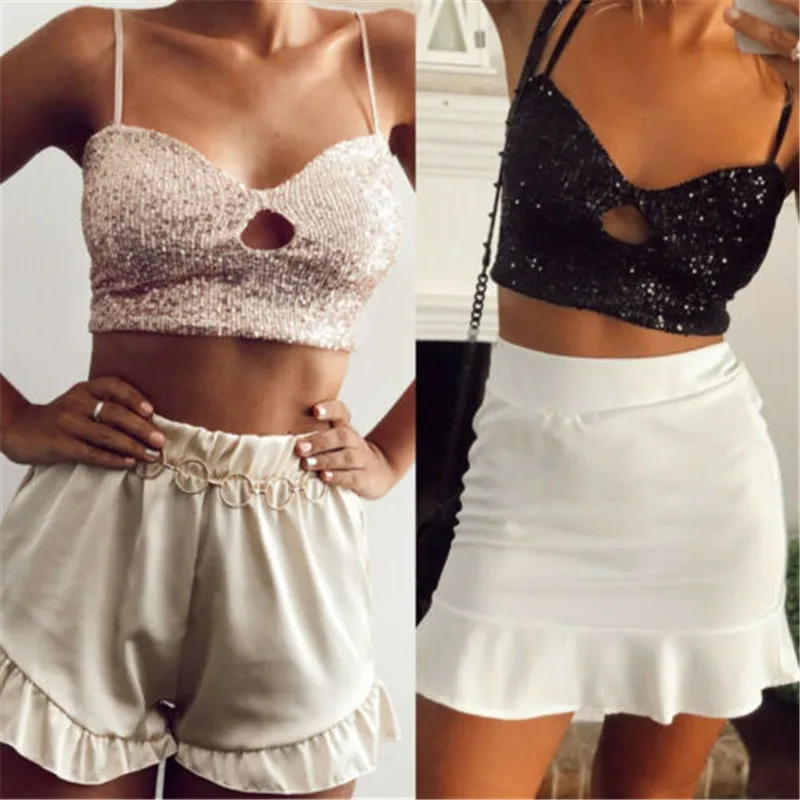 Женская майка с блестками повседневный короткий топ без рукавов глубоким