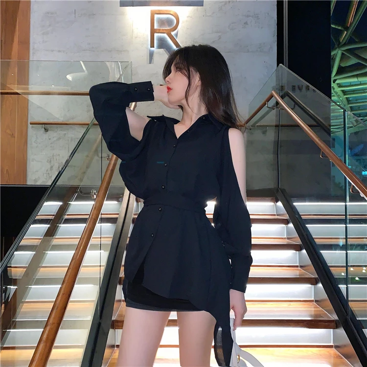 

sweet hollow out white turn-down collar off shoulder high quality Women's Clothing shirts Spring and autumn temperament tops new