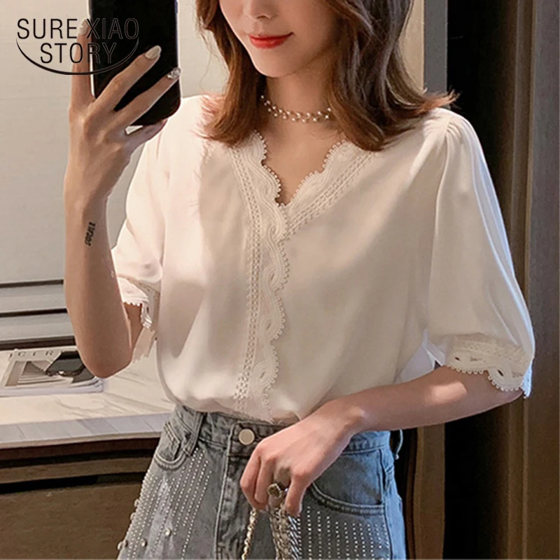 Женская шифоновая блузка с коротким рукавом элегантная Милая Белая ажурная
