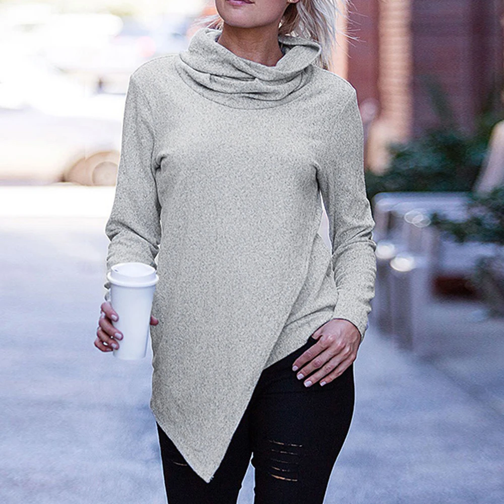 2019 Fashion Women Turtleneck Tees Autumn Korean Irregular Sweater Harajuku Style Tops Long Sleeve Solid Casual Female Knitwear | Женская