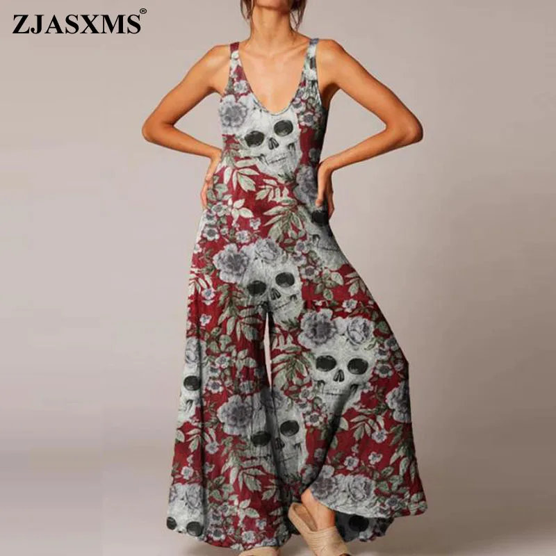Женский комбинезон с принтом черепа весенний Свободный 3XL V-образным вырезом