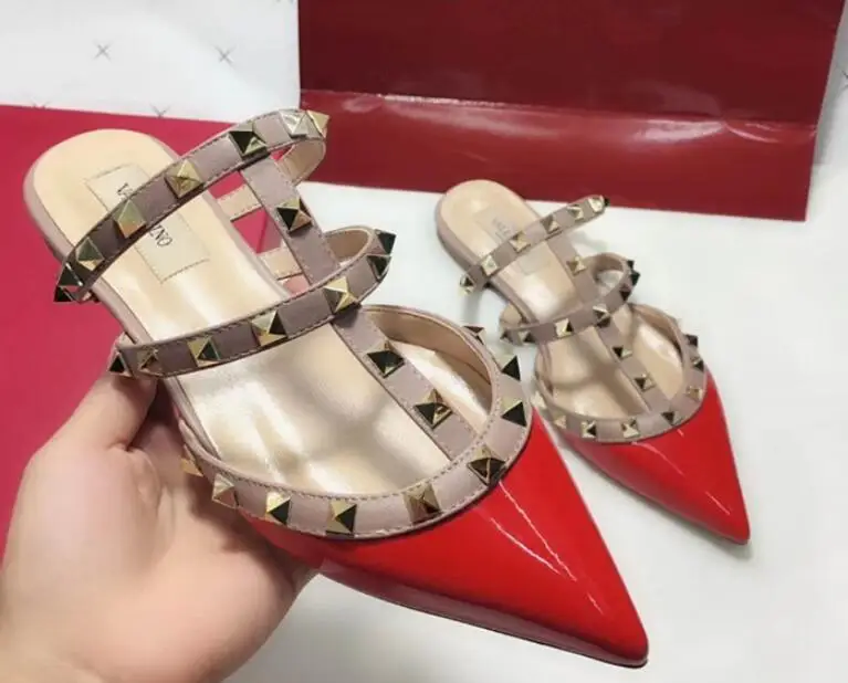 v brand shoes women flat slipper black nude patent leather real sandals with rivets 34-43 red box | Обувь