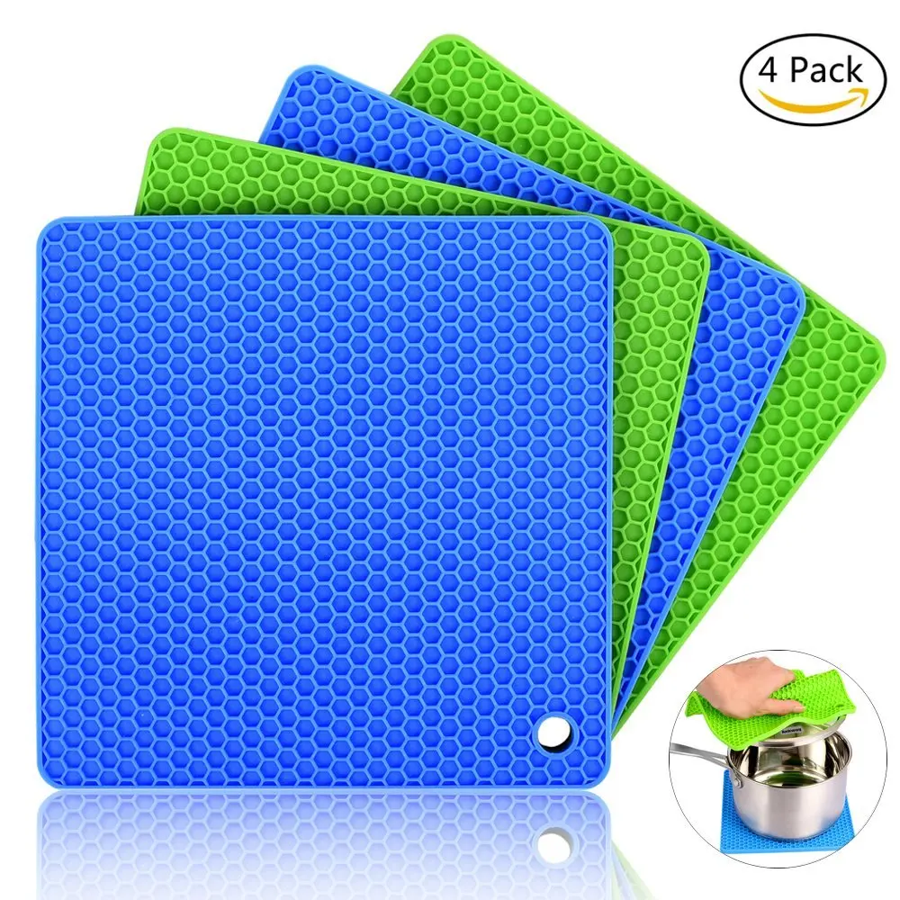 

4pcs/set Flexible Durable Silicone Pot Holders Trivet Mat Jar Opener Spoon rest Heat Resistant Mat Square Honeycomb Pattern