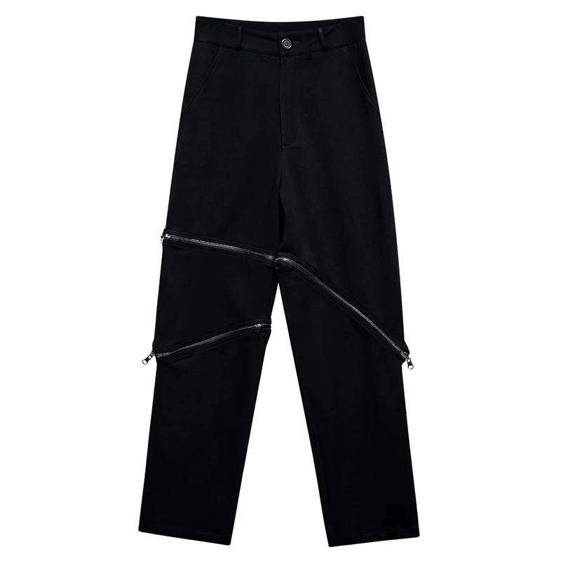 

[EAM] Asymmetrical Wide Leg Black Zipper High Waist Trousers New Loose Fit Pants Women Fashion Spring Autumn 2021 1DD5556