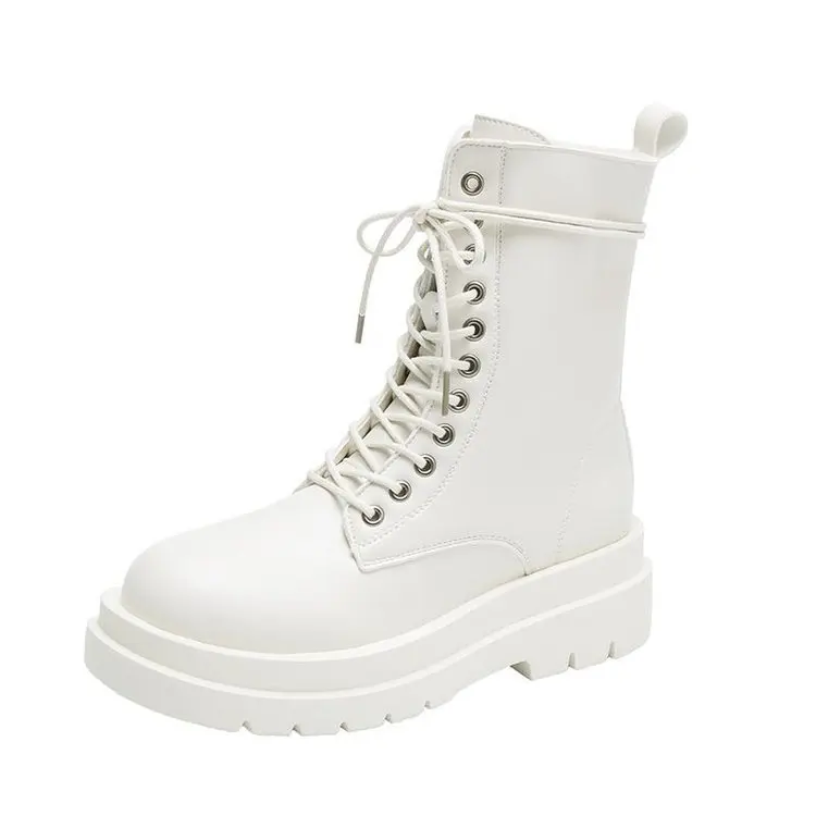 High-top Martin Boots Female Korean Fashion Lace-up Handsome Motorcycle Boots Plus Velvet Boots Shoes Women  High Heel Boots