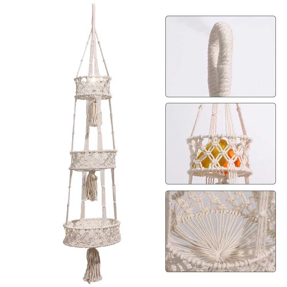 

3 Layers Nordic Style Hanging Basket Iron Kitchen Storage Fruit Vegetable Large Capacity Handmade Long Design Wall Mount