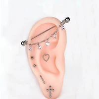 crystal chain industrial earrings stainless steel long rod barbell helix cartilage piercing body industrial bar 14g ear gauge