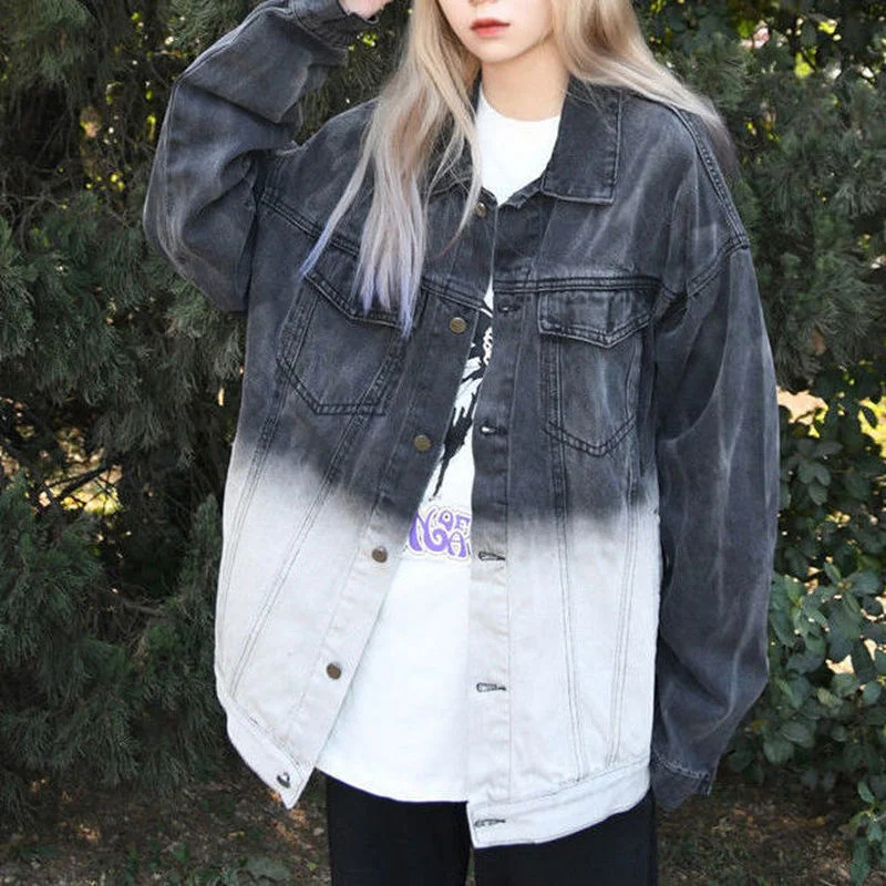 

Fall Denim Jackets Women Contrast Color Jeans Harajuku Single Breasted Loose Spring Casual Coat Outerwear Distress Full Sleeves