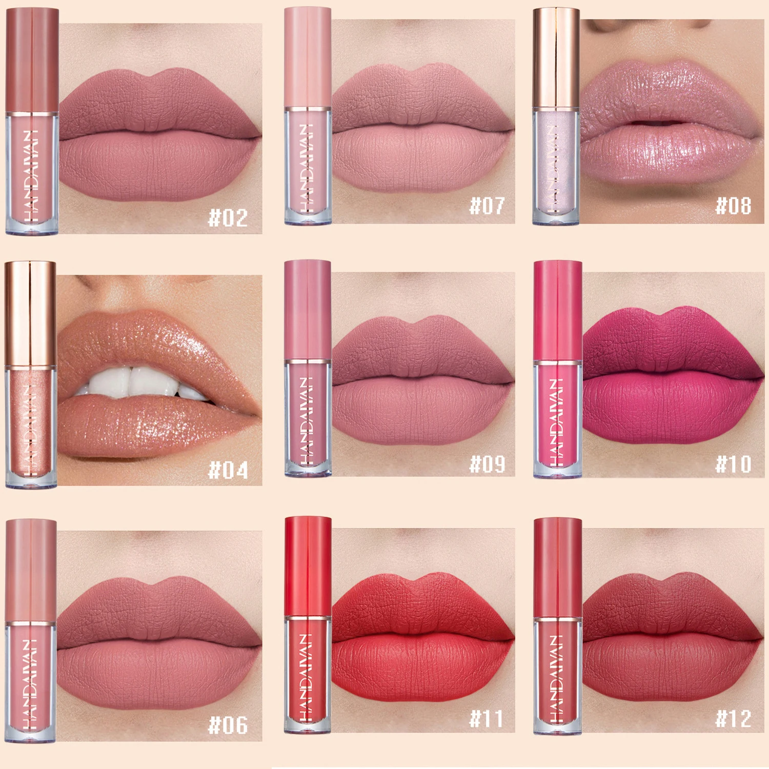 

HANDAIYAN Matte Lipgloss Moisturizing Waterproof Long Lasting Nude Liquid Lipstick Set 12 Colors Lip Makeup Lip Gloss Cosmetics