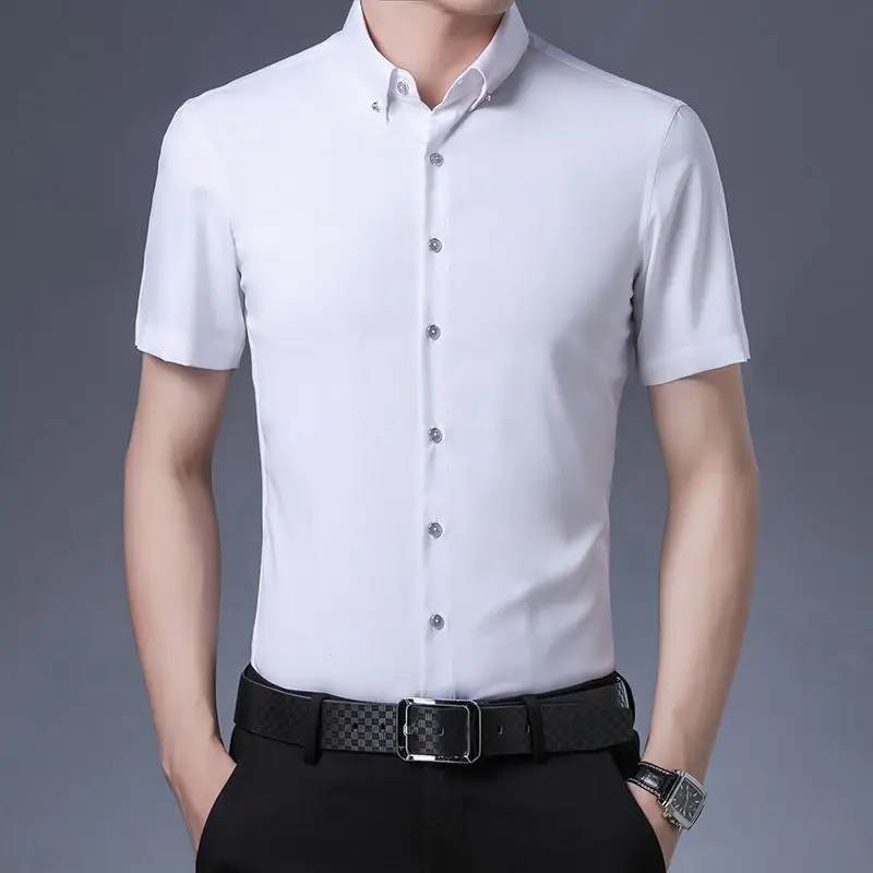 Men Dress Shirt Summer Business Men's Short Sleeve Casual Shirt Japanese Fashion Slim Fit Drill Buckle Male Clothing Korean 4XL