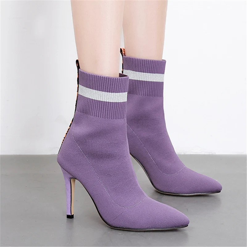 2019 г. Женские фиолетовые растягивающиеся ботинки ботильоны на высоком каблуке 10