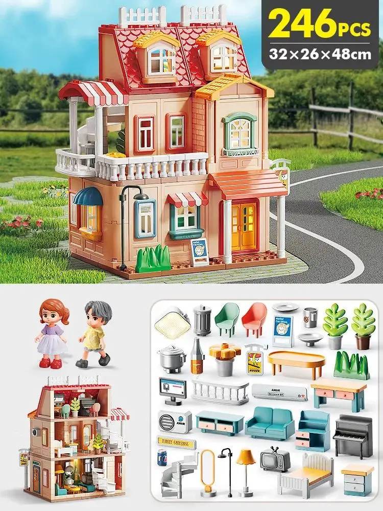 

New Hot 246 Particles+34 Fitting+2 Doll Big DollHouses Kit DIY Villa Castle Set Furniture Playroom Assembled Building Toy