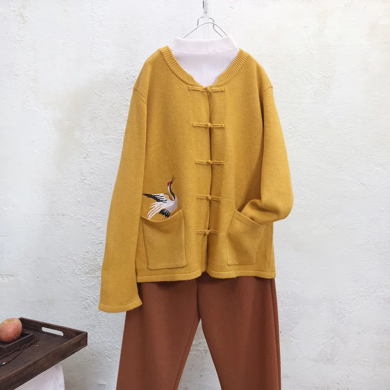 Китайский ветер ретро трикотажные топы пластины кнопки Осень Зима Женский