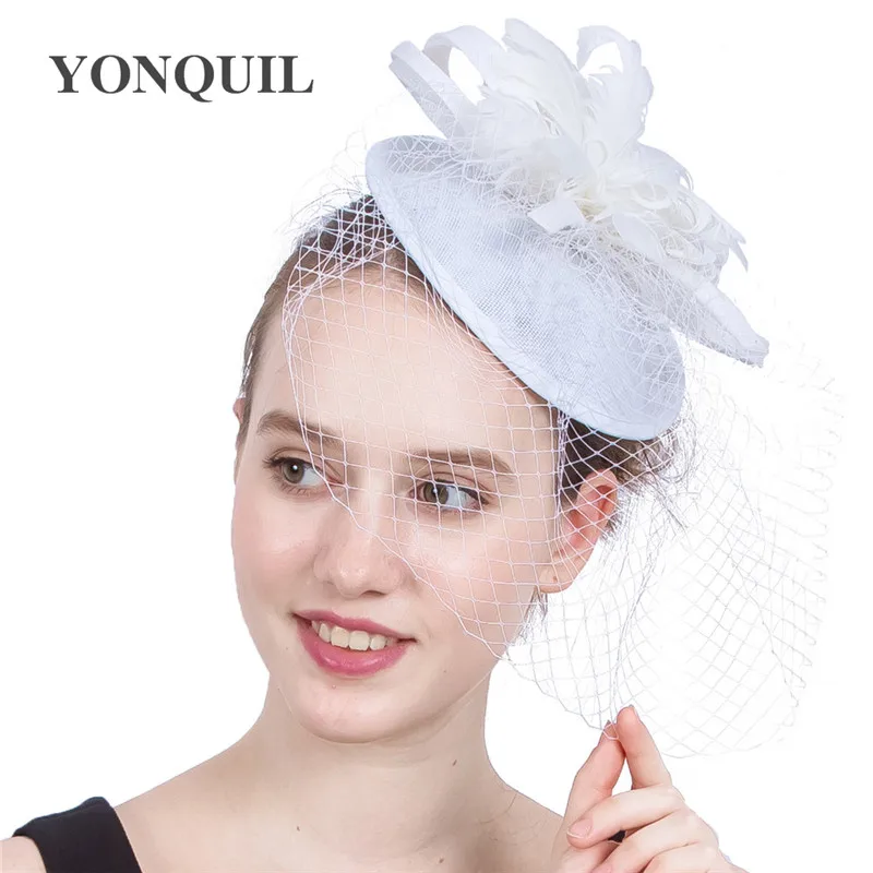 

Bridal Net Elegant White Fascinator Party Hat Wedding Headwear Feathers Veil Headpiece Female Face Veils Wedding Women Fedora